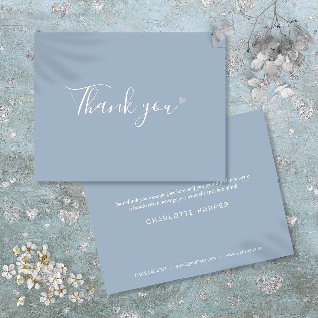 Dusty Blue Silver Heart Chic Script Business Thank You Card (Dusty Blue Silver Heart Chic Script Business Thank You Card)