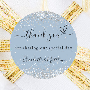 Dusty blue silver heart thank you wedding classic round sticker