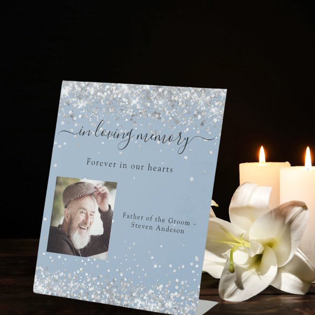 Dusty blue silver photo wedding memorial pedestal sign (Creator Uploaded)