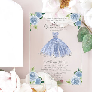 Dusty Blue Silver Princess Dress Quinceañera  Acrylic Invitations