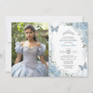 Dusty Blue Silver Quinceañera Butterfly Photo Invitation