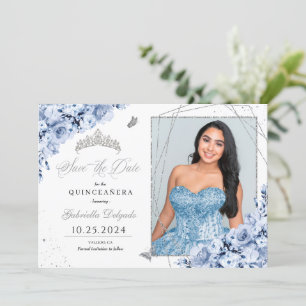 Dusty Blue Silver Quinceañera Save The Date Photo Invitation