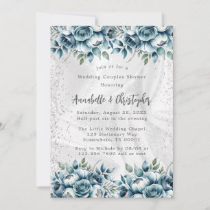 Dusty Blue Silver Rose Wedding Couples Shower Invitation