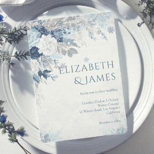Dusty Blue Silver Rose Winter Floral Wedding Invitation
