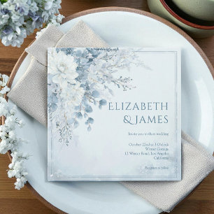 Dusty Blue Silver Rose Winter Floral Wedding Invitation