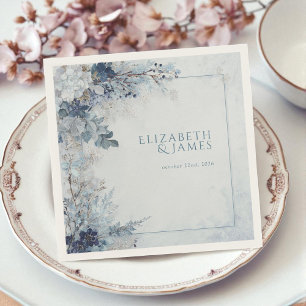 Dusty Blue Silver Rose Winter Floral Wedding Napkin