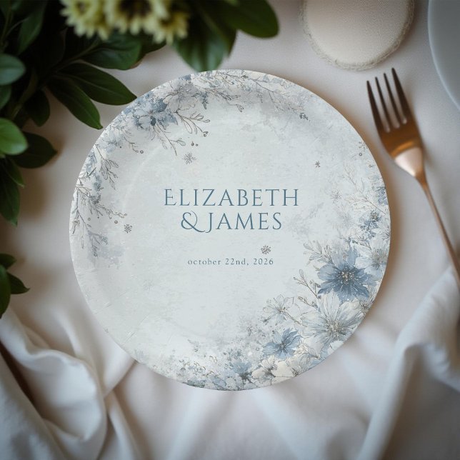 Dusty Blue Silver Rose Winter Floral Wedding Paper Plate (Creator Uploaded)