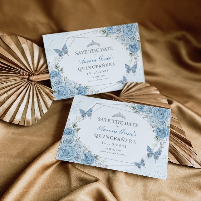 Dusty Blue Silver Roses Quinceanera Save the Date Announcement (Creator Uploaded)