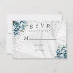 Dusty Blue Silver Roses Wedding RSVP Cards