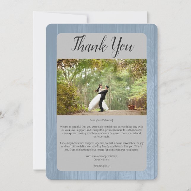 Dusty Blue Silver Rustic Horseshoe Photo Wedding Thank You Card (Front)