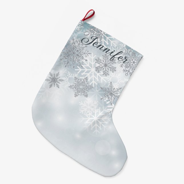 Dusty Blue & Silver Snowflake Christmas Stocking (Front (Hanging))