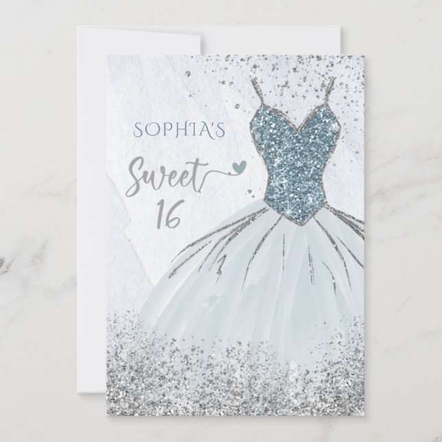 Dusty Blue Silver Sparkle Dress Sweet 16 birthday Invitation (Front)