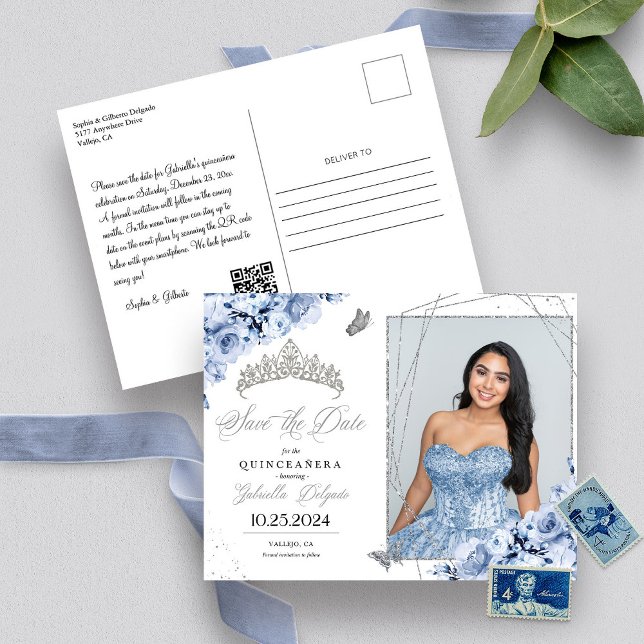 Dusty Blue Silver Tiara Quinceañera Photo Postcard (Creator Uploaded)