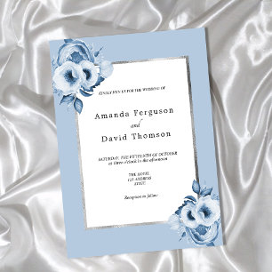 Dusty blue silver watercolored florals wedding invitation