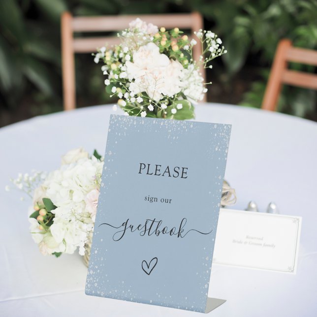 Dusty blue silver wedding guest book pedestal sign (Creator Uploaded)