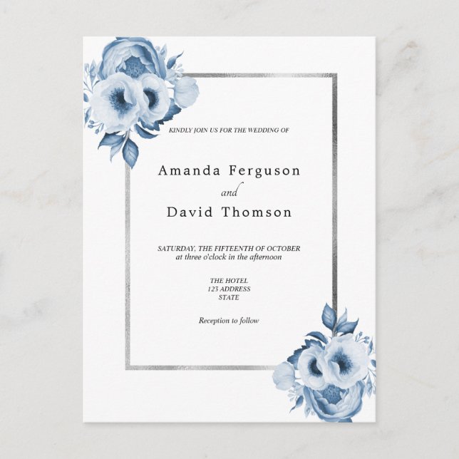 Dusty blue silver white florals wedding invitation postcard (Front)
