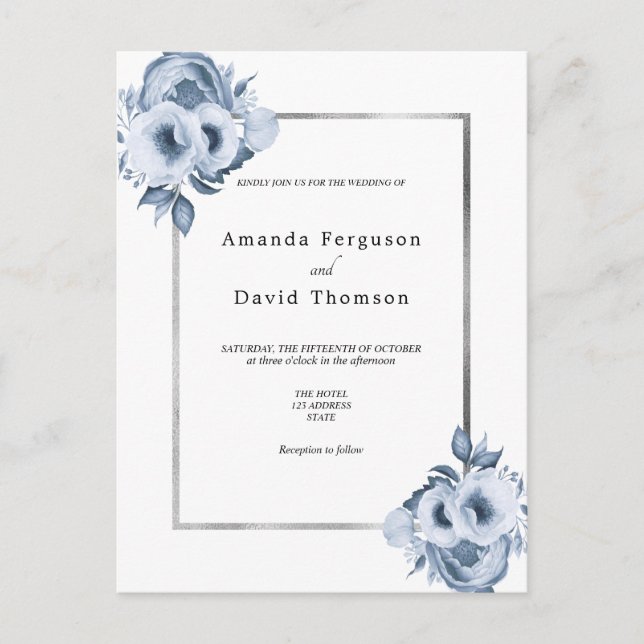 Dusty blue silver white florals wedding invitation postcard (Front)