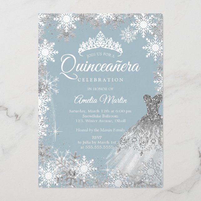 Dusty Blue Silver Winter Snowflake Quinceanera (Front)