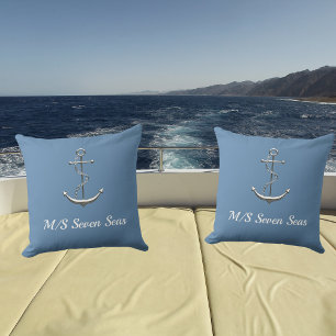 Dusty blue silver yacht boat anchor name cushion