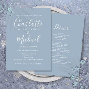 Dusty Blue Simple All In One Chic Script Wedding Invitation