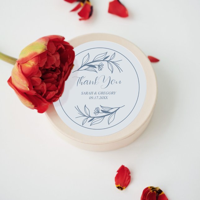 Dusty Blue Simple Boho Thank You Wedding Favour Classic Round Sticker (Creator Uploaded)