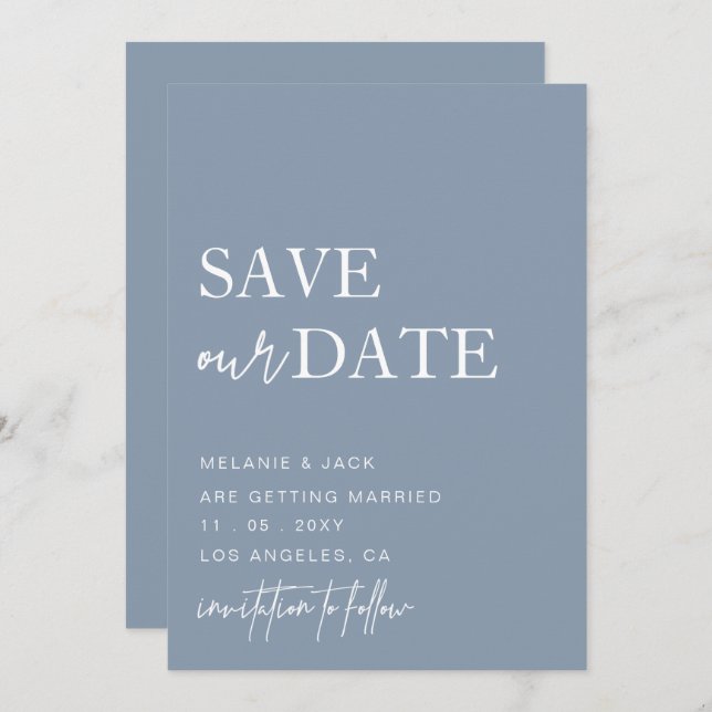 Dusty Blue Simple Calligraphy Save The Date (Front/Back)