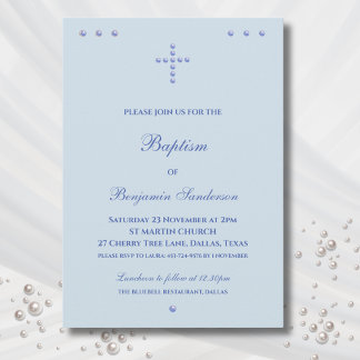 Dusty Blue Simple Cross Christian Baptism Invitation
