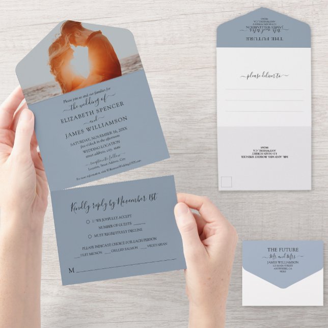 Dusty Blue Simple Elegant Photo Wedding All In One Invitation (Creator Uploaded)