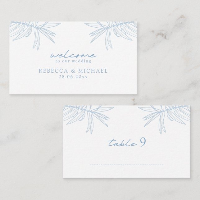 Dusty Blue Simple Hand Drawn Botanical Flat Place Card (Front/Back)