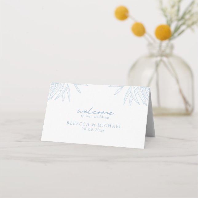 Dusty Blue Simple Hand Drawn Botanical Folded Place Card (Front)