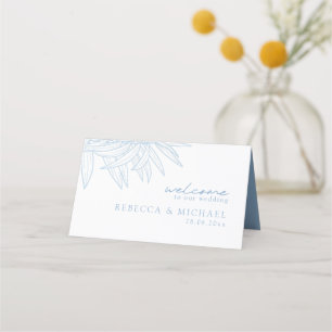 Dusty Blue Simple Hand Drawn Botanical Folded  Place Card