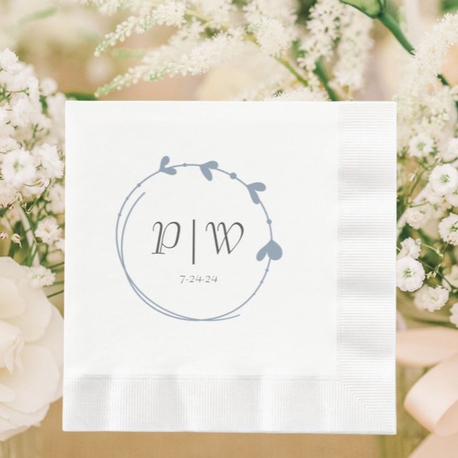 Dusty Blue Simple Heart Wreath Monogram Wedding Napkin (In Situ Wedding)