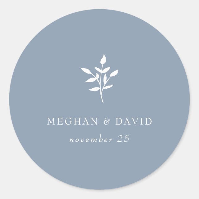 Dusty Blue Simple Modern Botanical Wedding Classic Round Sticker (Front)