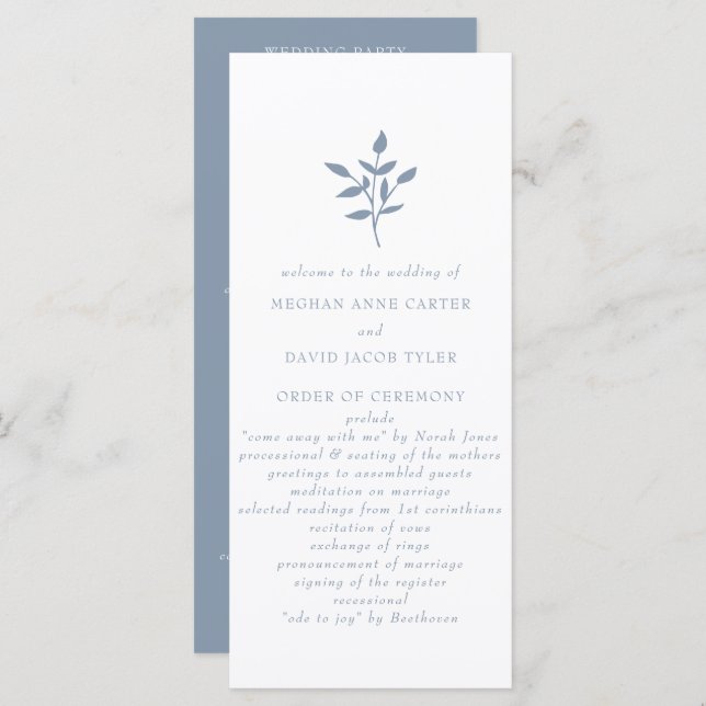 Dusty Blue Simple Modern Botanical Wedding Program (Front/Back)