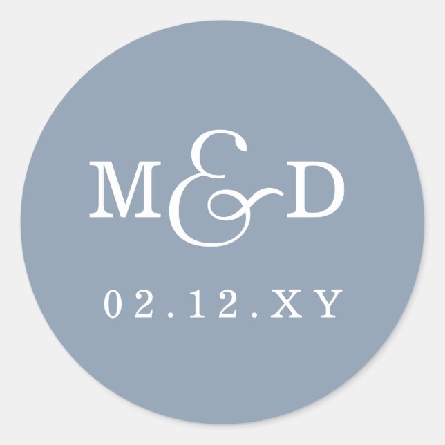 Dusty Blue Simple Modern Monogram Wedding Classic Round Sticker (Front)