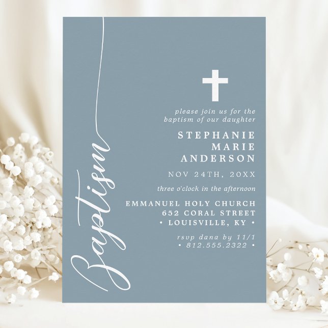 Dusty Blue Simple Modern Script Baptism Invitation (Creator Uploaded)