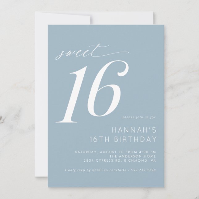 Dusty Blue | Simple Modern Sweet 16 Birthday Party Invitation (Front)
