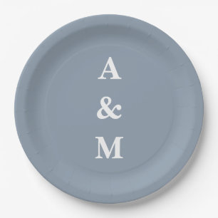 Dusty Blue Simple Monogram Initial Elegant Wedding Paper Plate