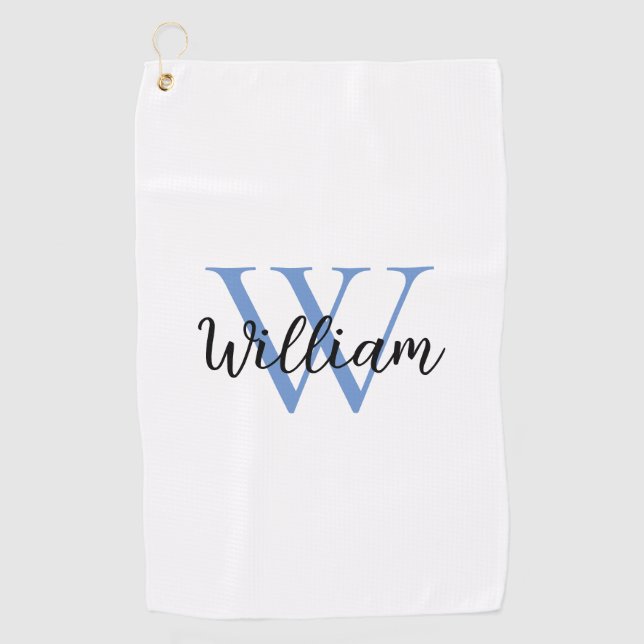 Dusty Blue Simple Monogram Name Personalised Golf Towel (Front)