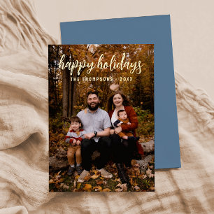 Dusty Blue Simple Photo "Happy Holidays" Script  Foil Holiday Card