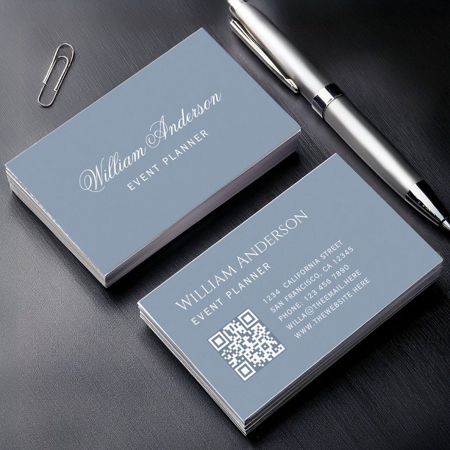Dusty Blue Simple QR Code and Calligraphy  Business Card (Creator Uploaded)
