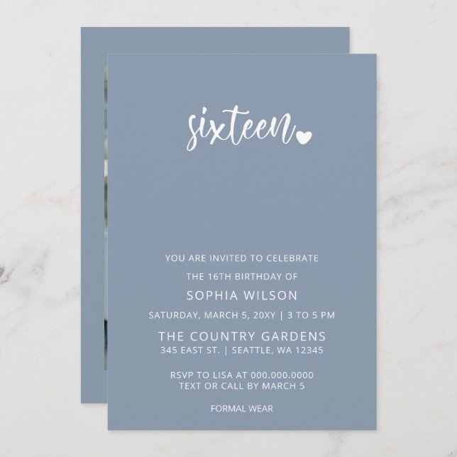 Dusty Blue Simple Script Sweet 16 Birthday Photo Invitation (Front/Back)