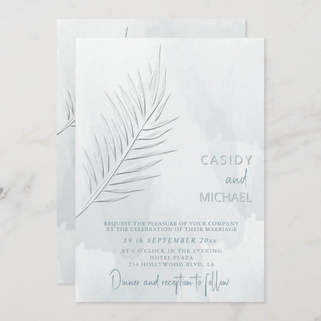 Dusty blue simple watercolor embossed look palm invitation (Front/Back)