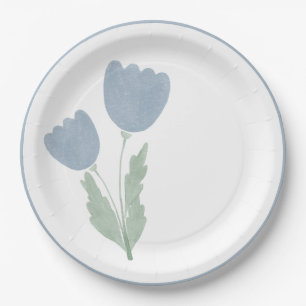 Dusty Blue Simple Watercolor Floral Paper Plate