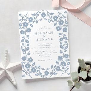 Dusty Blue Simple White Folk Floral Wedding Invitation