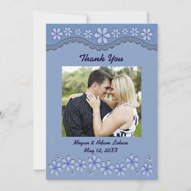 Dusty Blue Six Petal Flower Thank You Flat Card (Front)