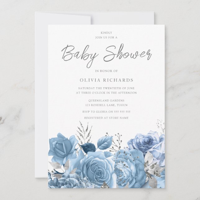 Dusty Blue Sky-Blue Floral Baby Shower Invitation (Front)