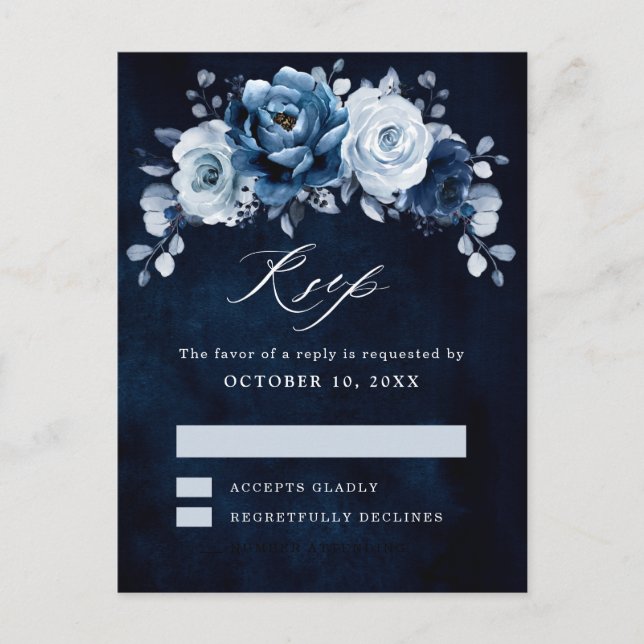Dusty Blue Slate Dark Navy Floral Botanical RSVP P Postcard (Front)
