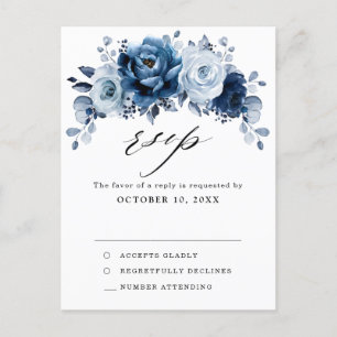 Dusty Blue Slate Dark Navy Floral Botanical RSVP Postcard