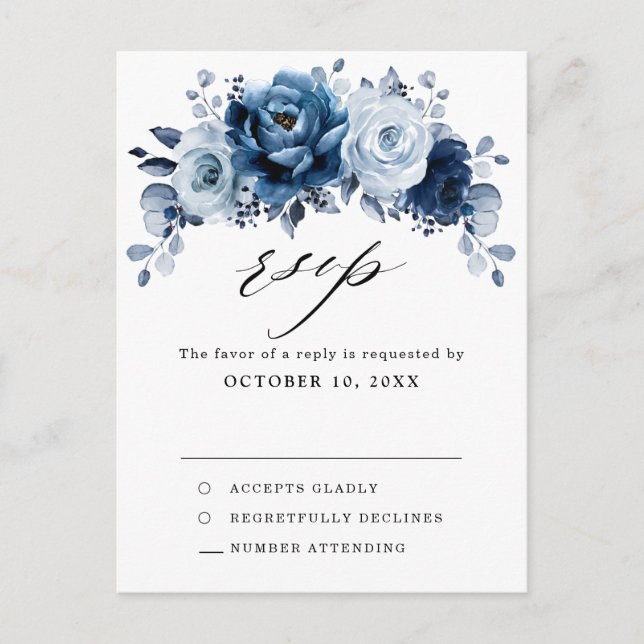 Dusty Blue Slate Dark Navy Floral Botanical RSVP Postcard (Front)